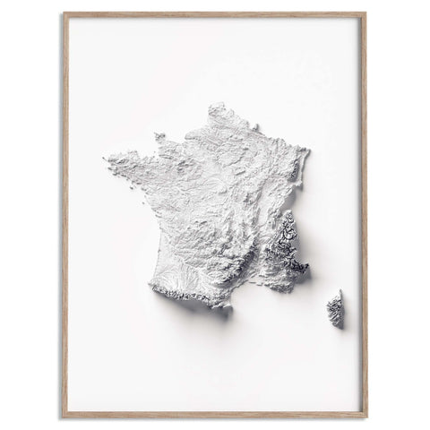 France, Elevation tint - White, 2D printed shaded relief map with 3D effect of France with monochrome white tint. Shop our beautiful fine art printed maps on supreme Cotton paper. Vintage maps digitally restored and enhanced with a 3D effect. VizCart from Vizart