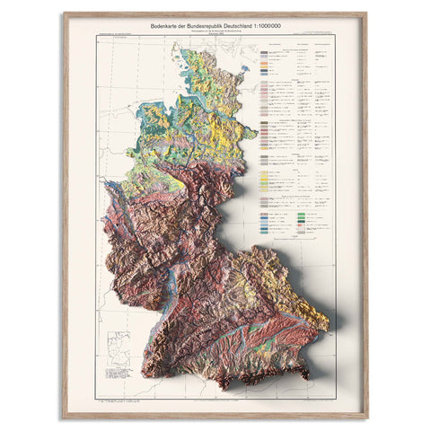 West Germany, Soil map - 1963, 2D printed shaded relief map with 3D effect of a 1963 soil map of West Germany. Shop our beautiful fine art printed maps on supreme Cotton paper. Vintage maps digitally restored and enhanced with a 3D effect. VizCart from Vizart