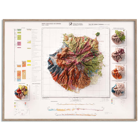 Gran Canaria (Spain), Geological map - 1990, 2D printed shaded relief map with 3D effect of a 1944 topographic map of Gran Canaria (Spain). Shop our beautiful fine art printed maps on supreme Cotton paper. Vintage maps digitally restored and enhanced with a 3D effect. VizCart from Vizart