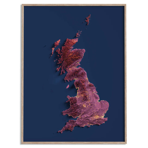 Great Britain (UK), Elevation tint - Magma, 2D printed shaded relief map with 3D effect of Great Britain with magma hypsometric tint. Shop our beautiful fine art printed maps on supreme Cotton paper. Vintage maps digitally restored and enhanced with a 3D effect. VizCart from Vizart