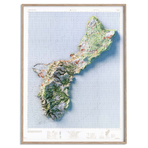 Guam (Mariana Islands, USA), Topographic map - 1965, 2D printed shaded relief map with 3D effect of a 1965 topographic map of Guam (Mariana Islands, USA). Shop our beautiful fine art printed maps on supreme Cotton paper. Vintage maps digitally restored and enhanced with a 3D effect. VizCart from Vizart
