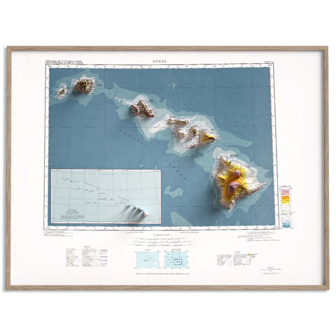 Hawaii (USA), Topographic map - 1974, 2D printed shaded relief map with 3D effect of a 1974 topographic map of Hawaii (USA). Shop our beautiful fine art printed maps on supreme Cotton paper. Vintage maps digitally restored and enhanced with a 3D effect. VizCart from Vizart