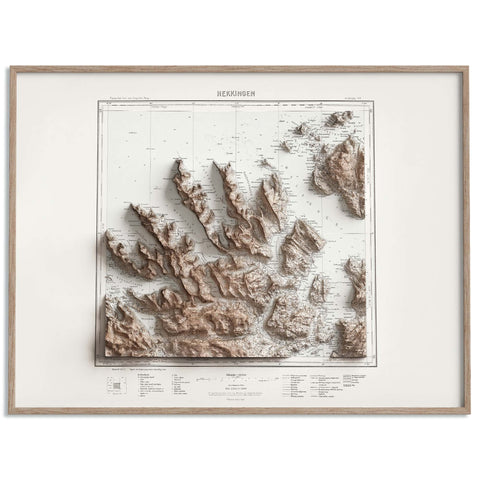 Hekkingen (Norway), Topographic map - 1930, 2D printed shaded relief map with 3D effect of a 1930 topographic map of Hekkingen (Norway). Shop our beautiful fine art printed maps on supreme Cotton paper. Vintage maps digitally restored and enhanced with a 3D effect. VizCart from Vizart