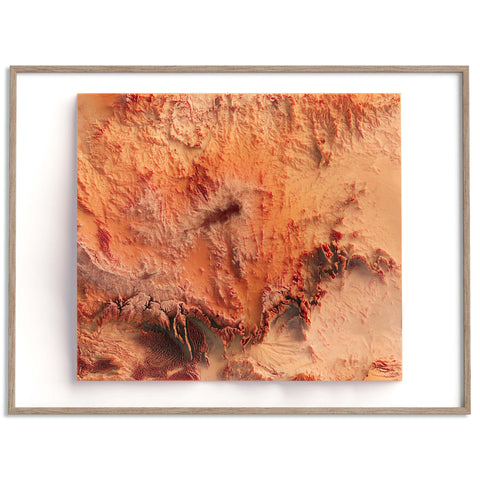 Hoggar (Algeria), Elevation tint - Red, 2D printed shaded relief map with 3D effect of Hoggar mountains (Algeria) with red hypsometric tint. Shop our beautiful fine art printed maps on supreme Cotton paper. Vintage maps digitally restored and enhanced with a 3D effect. VizCart from Vizart