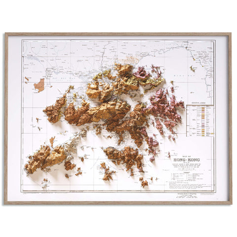 Hong Kong, Geological map - 1936, 2D printed shaded relief map with 3D effect of a 1936 geological map of Hong Kong. Shop our beautiful fine art printed maps on supreme Cotton paper. Vintage maps digitally restored and enhanced with a 3D effect. VizCart from Vizart