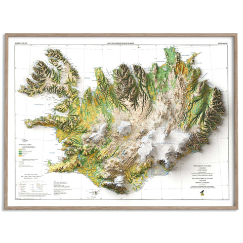 Iceland, Soil map - 1998, 2D printed shaded relief map with 3D effect of a 1998 soil map of Iceland. Shop our beautiful fine art printed maps on supreme Cotton paper. Vintage maps digitally restored and enhanced with a 3D effect. VizCart from Vizart