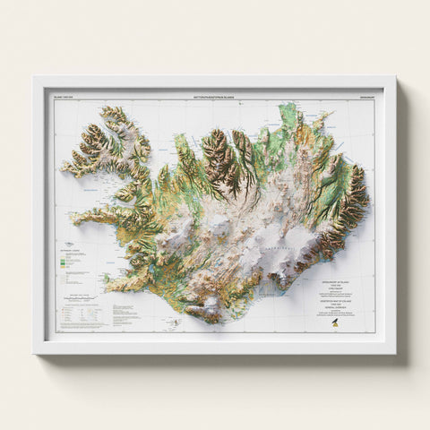 Iceland 1998 soil restored antique shaded relief map print on fine art paper framed
