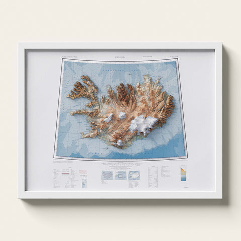 Iceland 1952 topographic restored antique shaded relief map print on fine art paper framed