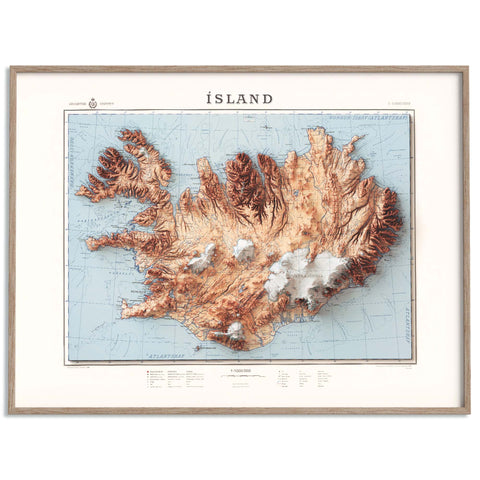 Iceland, Topographic map - 1963, 2D printed shaded relief map with 3D effect of a 1963 topographic map of Iceland. Shop our beautiful fine art printed maps on supreme Cotton paper. Vintage maps digitally restored and enhanced with a 3D effect. VizCart from Vizart