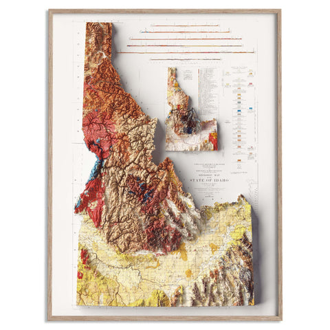 Idaho (USA), Geological map - 1947, 2D printed shaded relief map with 3D effect of a 1947 geological map of Idaho (USA). Shop our beautiful fine art printed maps on supreme Cotton paper. Vintage maps digitally restored and enhanced with a 3D effect. VizCart from Vizart