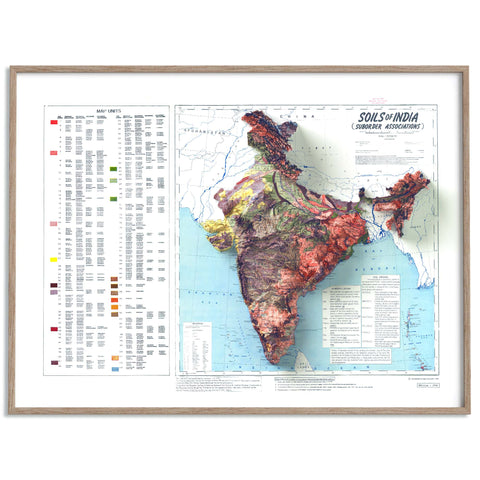 India, Soil map - 1985, 2D printed shaded relief map with 3D effect of a 1985 soil map of India. Shop our beautiful fine art printed maps on supreme Cotton paper. Vintage maps digitally restored and enhanced with a 3D effect. VizCart from Vizart