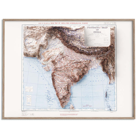 India, Topographic map - 1973, 2D printed shaded relief map with 3D effect of a 1973 topographic map of India. Shop our beautiful fine art printed maps on supreme Cotton paper. Vintage maps digitally restored and enhanced with a 3D effect. VizCart from Vizart