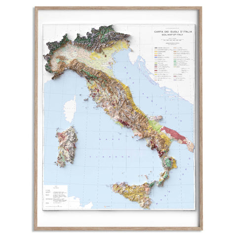 Italy 1966 soil restored antique shaded relief map print on fine art paper framed