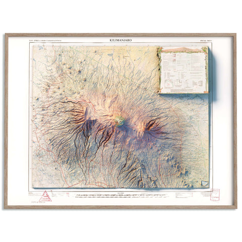 Kilimanjaro (Tanzania), Topographic map - 1978, 2D printed shaded relief map with 3D effect of a 1978 topographic map of Kilimanjaro (Tanzania). Shop our beautiful fine art printed maps on supreme Cotton paper. Vintage maps digitally restored and enhanced with a 3D effect. VizCart from Vizart