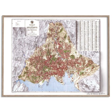 Kristiania (Norway) 1901 city restored antique shaded relief map print on fine art paper framed