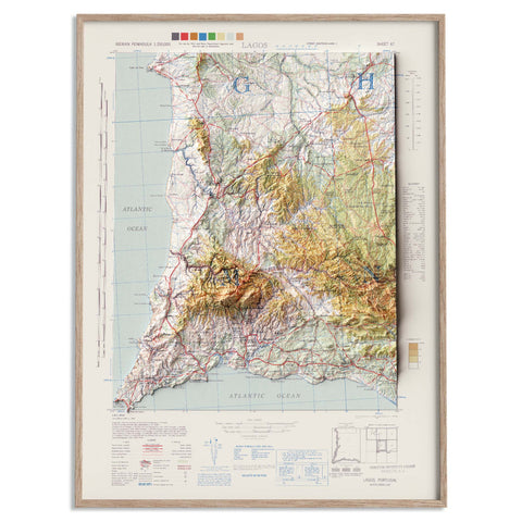 Lagos (Portugal), Topographic map - 1944, 2D printed shaded relief map with 3D effect of a 1944 topographic map of Lagos (Portugal). Shop our beautiful fine art printed maps on supreme Cotton paper. Vintage maps digitally restored and enhanced with a 3D effect. VizCart from Vizart