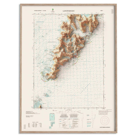 Lofotodden (Lofoten Islands, Norway), Topographic map - 2009, 2D printed shaded relief map with 3D effect of a 1952 topographic map of Flakstad (Lofoten Islands, Norway). Shop our beautiful fine art printed maps on supreme Cotton paper. Vintage maps digitally restored and enhanced with a 3D effect. VizCart from Vizart