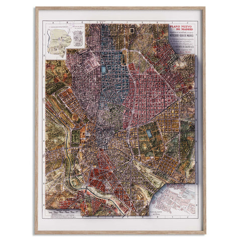 Madrid (Spain), City map - 1940, 2D printed shaded relief map with 3D effect of a 1940 city map of Madrid. Shop our beautiful fine art printed maps on supreme Cotton paper. Vintage maps digitally restored and enhanced with a 3D effect. VizCart from Vizart