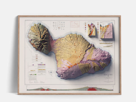 Maui (Hawaii, USA), Geological map - 1942, 2D printed shaded relief map with 3D effect of a 1942 geological map of Maui (Hawaii, USA). Shop our beautiful fine art printed maps on supreme Cotton paper. Vintage maps digitally restored and enhanced with a 3D effect., VizCart from Vizart