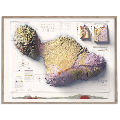 Maui (Hawaii, USA), Geological map - 1942, 2D printed shaded relief map with 3D effect of a 1942 geological map of Maui (Hawaii, USA). Shop our beautiful fine art printed maps on supreme Cotton paper. Vintage maps digitally restored and enhanced with a 3D effect. VizCart from Vizart