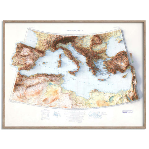 Mediterranean Sea, Topographic map - 1937, 2D printed shaded relief map with 3D effect of a 1937 topographic map of Mediterranean Sea. Shop our beautiful fine art printed maps on supreme Cotton paper. Vintage maps digitally restored and enhanced with a 3D effect. VizCart from Vizart