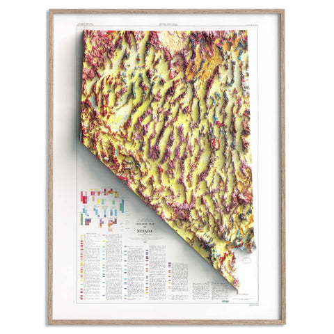 Nevada (USA), Geological map - 1978, 2D printed shaded relief map with 3D effect of a 1978 geological map of Nevada (USA). Shop our beautiful fine art printed maps on supreme Cotton paper. Vintage maps digitally restored and enhanced with a 3D effect. VizCart from Vizart