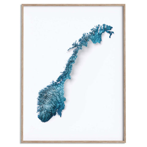 Norway, Elevation tint - Deep Blue, 2D printed shaded relief map with 3D effect of Europe with deep blue hypsometric tint. Shop our beautiful fine art printed maps on supreme Cotton paper. Vintage maps digitally restored and enhanced with a 3D effect. VizCart from Vizart