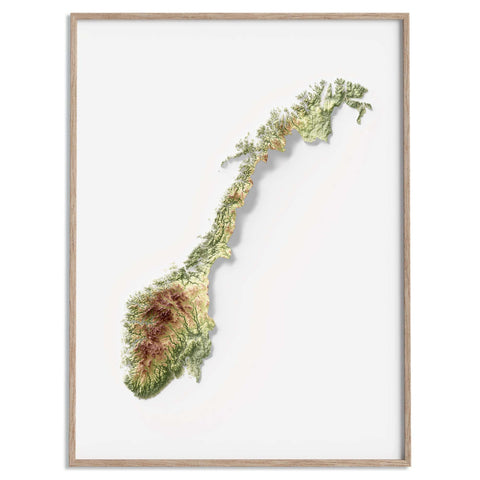 Norway, Elevation tint - Geo, 2D printed shaded relief map with 3D effect of Europe with geo hypsometric tint. Shop our beautiful fine art printed maps on supreme Cotton paper. Vintage maps digitally restored and enhanced with a 3D effect. VizCart from Vizart