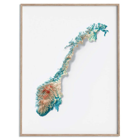 Norway, Elevation tint - Spectral, 2D printed shaded relief map with 3D effect of Europe with spectral hypsometric tint. Shop our beautiful fine art printed maps on supreme Cotton paper. Vintage maps digitally restored and enhanced with a 3D effect. VizCart from Vizart