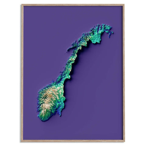 Norway, Elevation tint - Viridis, 2D printed shaded relief map with 3D effect of Europe with virid hypsometric tint. Shop our beautiful fine art printed maps on supreme Cotton paper. Vintage maps digitally restored and enhanced with a 3D effect. VizCart from Vizart