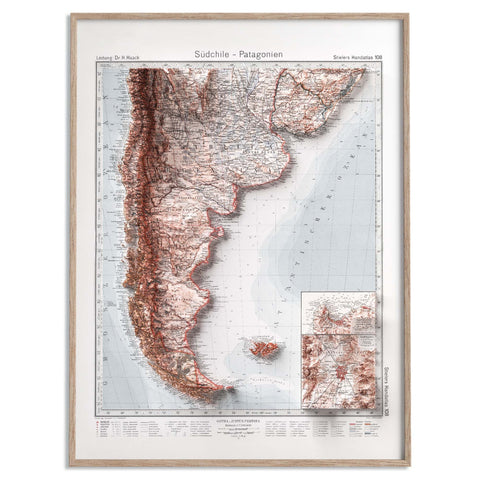 Patagonia, Topographic map - 1925, 2D printed shaded relief map with 3D effect of a 1925 topographic map of Patagonia. Shop our beautiful fine art printed maps on supreme Cotton paper. Vintage maps digitally restored and enhanced with a 3D effect. VizCart from Vizart