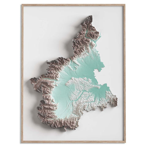 Piedmont (Italy), Elevation tint - Petrol, 2D printed shaded relief map with 3D effect of Piedmont (Italy) with petrol hypsometric tint. Shop our beautiful fine art printed maps on supreme Cotton paper. Vintage maps digitally restored and enhanced with a 3D effect. VizCart from Vizart