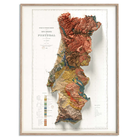 Portugal, Geological map - 1899, 2D printed shaded relief map with 3D effect of a 1899 geological map of Portugal. Shop our beautiful fine art printed maps on supreme Cotton paper. Vintage maps digitally restored and enhanced with a 3D effect. VizCart from Vizart