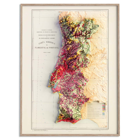 Portugal, Soil map - 1958, 2D printed shaded relief map with 3D effect of a 1958 soil map of Portugal. Shop our beautiful fine art printed maps on supreme Cotton paper. Vintage maps digitally restored and enhanced with a 3D effect. VizCart from Vizart