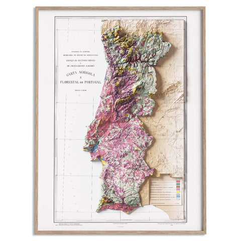 Portugal 1958 soil restored antique shaded relief map print on fine art paper framed