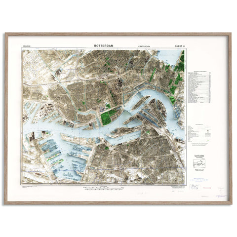 Rotterdam (The Netherlands), City map - 1944, 2D printed shaded relief map with 3D effect of a 1944 city map of Rotterdam (Netherlands). Shop our beautiful fine art printed maps on supreme Cotton paper. Vintage maps digitally restored and enhanced with a 3D effect. VizCart from Vizart