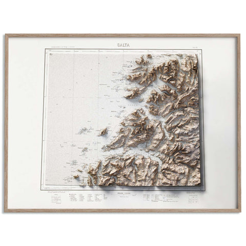 Salta (Norway), Topographic map - 1933, 2D printed shaded relief map with 3D effect of a 1933 topographic map of Salta (Norway). Shop our beautiful fine art printed maps on supreme Cotton paper. Vintage maps digitally restored and enhanced with a 3D effect. VizCart from Vizart