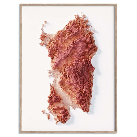 Sardinia (Italy), Elevation tint - Coral, 2D printed shaded relief map with 3D effect of Sardinia (Italy) with coral hypsometric tint. Shop our beautiful fine art printed maps on supreme Cotton paper. Vintage maps digitally restored and enhanced with a 3D effect. VizCart from Vizart