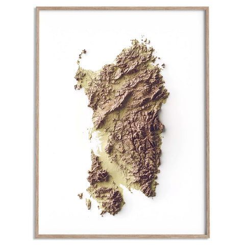Sardinia (Italy), Elevation tint - Geo, 2D printed shaded relief map with 3D effect of Sardinia (Italy) with geo hypsometric tint. Shop our beautiful fine art printed maps on supreme Cotton paper. Vintage maps digitally restored and enhanced with a 3D effect. VizCart from Vizart