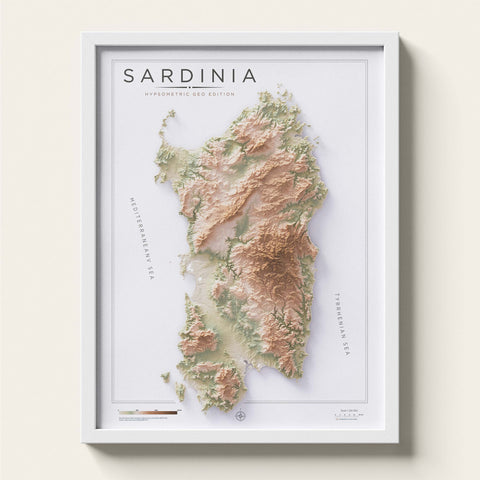 Sardinia (Italy) geo shaded relief elevation map printed on fine art paper framed