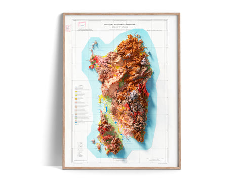 Sardinia (Italy), Soil map - 1960, 2D printed shaded relief map with 3D effect of a 1960 soil map of Sardinia (Italy). Shop our beautiful fine art printed maps on supreme Cotton paper. Vintage maps digitally restored and enhanced with a 3D effect., VizCart from Vizart