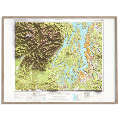 Seattle (Washington, USA), Topographic map - 1958, 2D printed shaded relief map with 3D effect of a 1958 topographic map of Seattle (Washington, USA). Shop our beautiful fine art printed maps on supreme Cotton paper. Vintage maps digitally restored and enhanced with a 3D effect. VizCart from Vizart