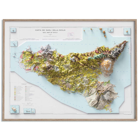 Sicily (Italy), Soil map - 1967, 2D printed shaded relief map with 3D effect of a 1967 soil map of Siciliy (Italy). Shop our beautiful fine art printed maps on supreme Cotton paper. Vintage maps digitally restored and enhanced with a 3D effect. VizCart from Vizart