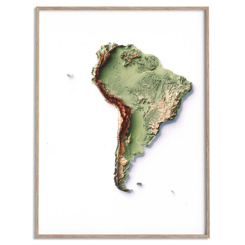 South America, Elevation tint - Geo, 2D printed shaded relief map with 3D effect of South America with geo tint. Shop our beautiful fine art printed maps on supreme Cotton paper. Vintage maps digitally restored and enhanced with a 3D effect. VizCart from Vizart