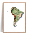 South America, Elevation tint - Geo, 2D printed shaded relief map with 3D effect of South America with geo tint. Shop our beautiful fine art printed maps on supreme Cotton paper. Vintage maps digitally restored and enhanced with a 3D effect., VizCart from Vizart