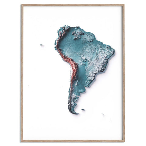 South America, Elevation tint - Irid, 2D printed shaded relief map with 3D effect of South America with irid tint. Shop our beautiful fine art printed maps on supreme Cotton paper. Vintage maps digitally restored and enhanced with a 3D effect. VizCart from Vizart