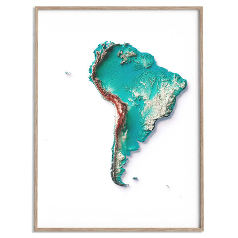 South America, Elevation tint - Spectral, 2D printed shaded relief map with 3D effect of South America with irid tint. Shop our beautiful fine art printed maps on supreme Cotton paper. Vintage maps digitally restored and enhanced with a 3D effect. VizCart from Vizart