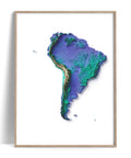 South America, Elevation tint - Viridis, 2D printed shaded relief map with 3D effect of South America with viridis tint. Shop our beautiful fine art printed maps on supreme Cotton paper. Vintage maps digitally restored and enhanced with a 3D effect., VizCart from Vizart
