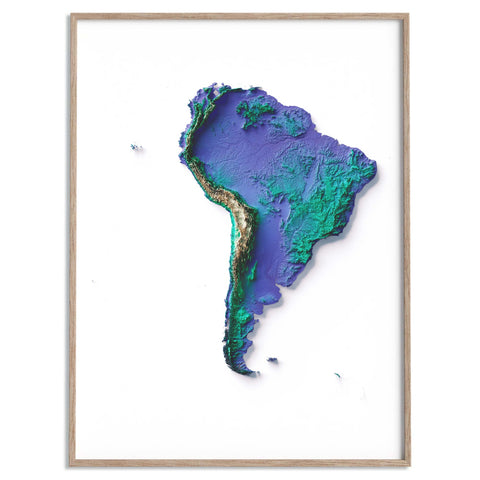 South America, Elevation tint - Viridis, 2D printed shaded relief map with 3D effect of South America with viridis tint. Shop our beautiful fine art printed maps on supreme Cotton paper. Vintage maps digitally restored and enhanced with a 3D effect. VizCart from Vizart