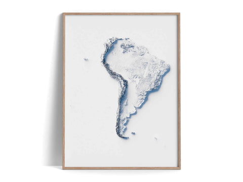 South America, Elevation tint - White, 2D printed shaded relief map with 3D effect of South America with monochrome white tint. Shop our beautiful fine art printed maps on supreme Cotton paper. Vintage maps digitally restored and enhanced with a 3D effect., VizCart from Vizart